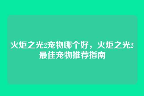 火炬之光2宠物哪个好，火炬之光2最佳宠物推荐指南